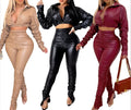 S-XL European and American Women's Fashion Casual Solid Color PU Pleated Two-piece Set