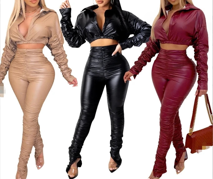 S-XL European and American Women's Fashion Casual Solid Color PU Pleated Two-piece Set