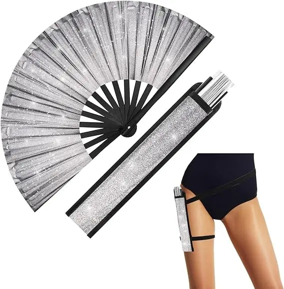 FAREA Glitter Large Folding Fan Rave Fan Party Accessories for Women Men Dance Music Decoration Rave Festival Accessories