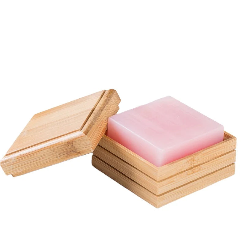 Eco-friendly Bamboo/Wood Round Rectangle Soap Box Storage Rack Container with Lid Custom Logo Simple Modern Design Drain Water