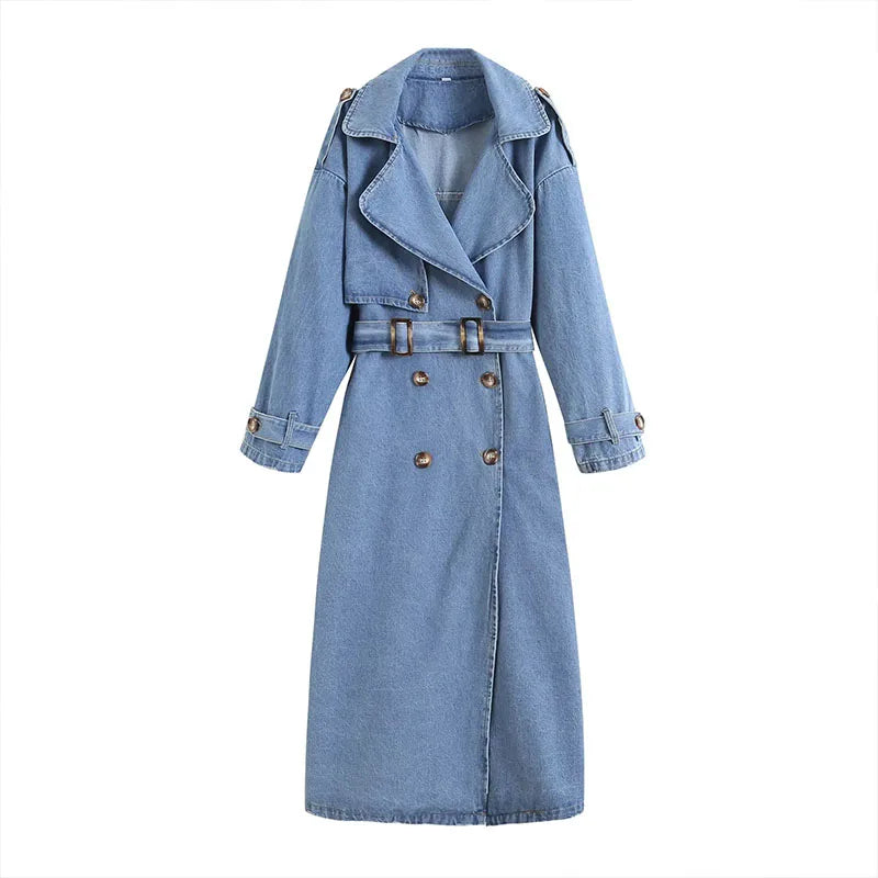 ZATRHMBM Women's 2023 New Fashion Casual Denim Long Jacket Retro Belt Style Long Women's Jacket
