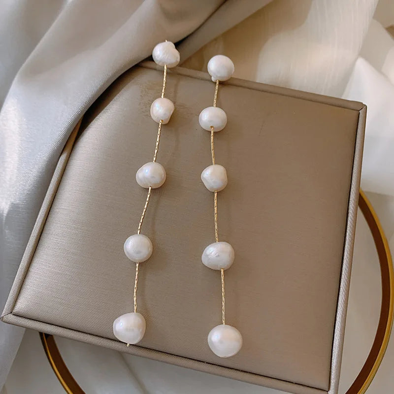 Elegant Women Jewelry Irregular Freshwater Pearl Drop Earring Gold Plated Baroque Pearl Long Tassel Earring