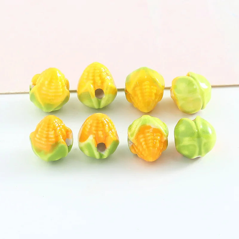 Cartoon 10.9*13.1mm Ceramic Clay Bead Handmade Graffiti Yellow Green Fruit Corn Loose Beads Charm for Jewelry Making Accessories