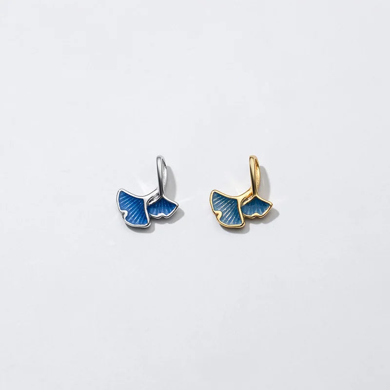 9mm Genuine 925 Sterling Silver Maple Leaves Blue Enamel Process Original Silver Ginkgo Leaves Charm for Jewelry Making