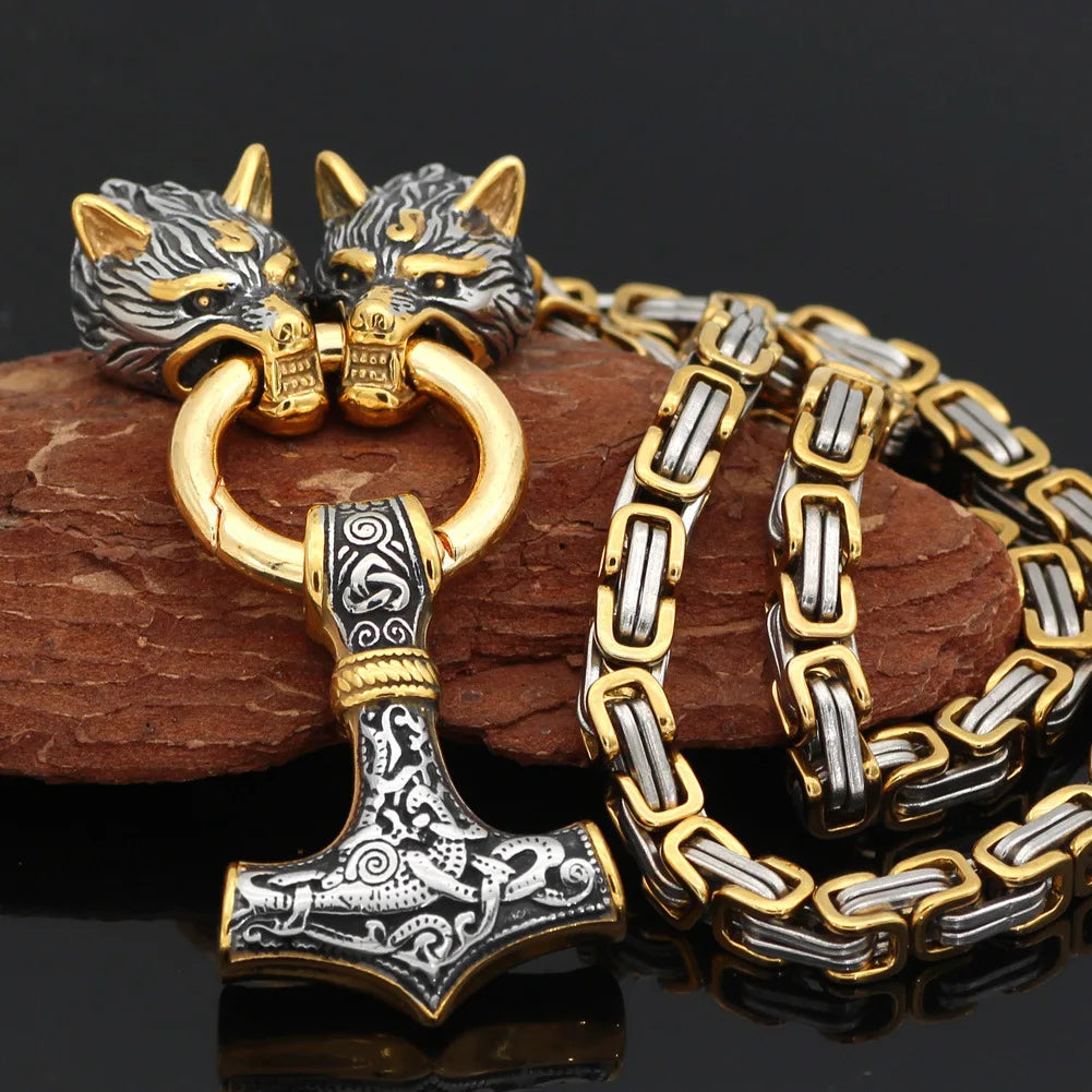 SJY003 Fashion Stainless Steel Double Color Square Emperor Chain Necklace Vintage Nordic Viking Wolf Head with Hammer Jewelry MegaBDM