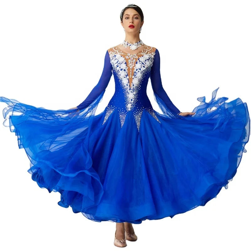 B-19612 Customize Blue Dancing Queen Dress Modern Ballroom Dress Organza Competition Ballroom Dance Dresses Girls for Sale