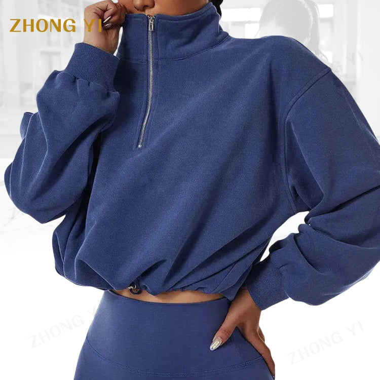 Factory Wholesale Custom Workout Long Sleeve Cotton High Neck Loose Gym Wear Sportswear Crop Tops Womens Hoodies & Sweatshirts