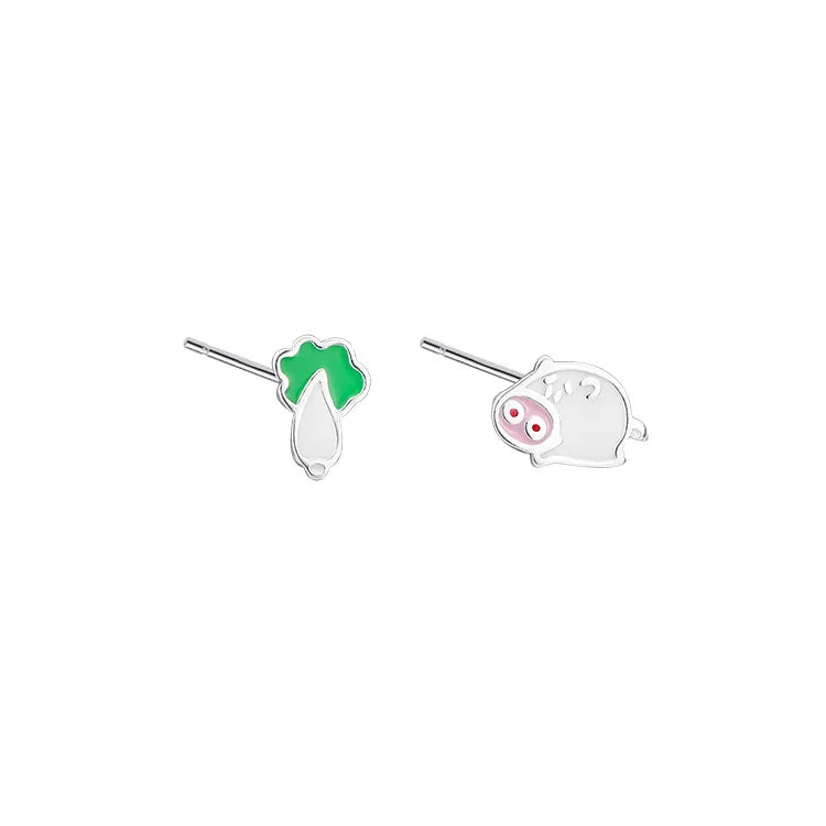 Real 925 Sterling Silver Pig Cabbage Stud Earrings Gold Plated Fashion Jewelry for Women and Girls