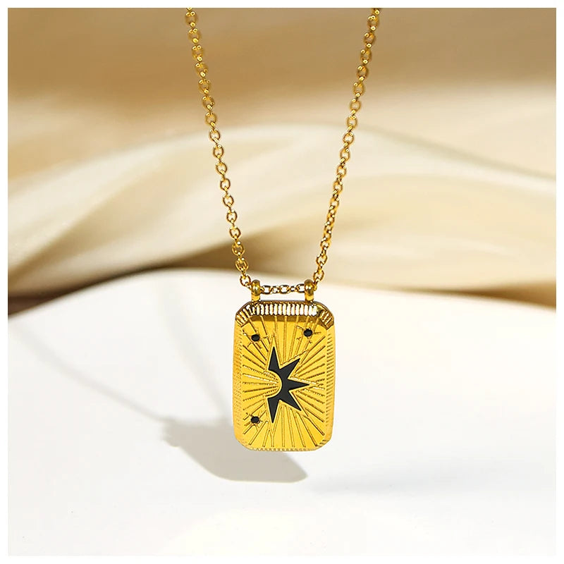 Powell 18K Gold Vacuum Plated Trendy Style Stainless Steel Rounded Rectangular Pendant Necklace with Czech Stones Jewelry Chains