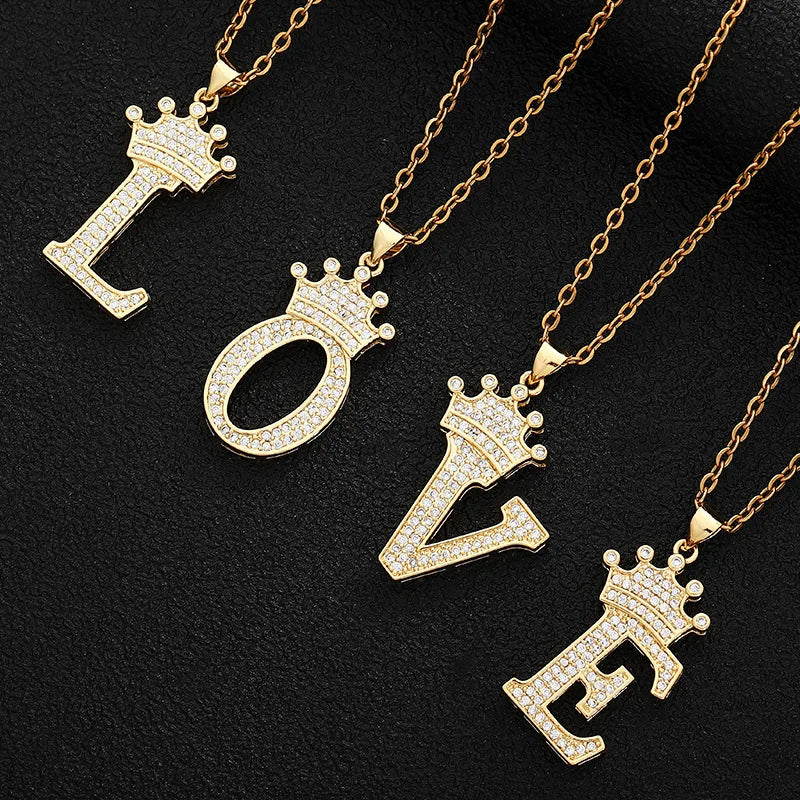 Wholesale 18K Real Gold Plated Zircon Crown Alphabet Stainless Steel 26 Initial Letters Pendant Necklace Jewelry for Women