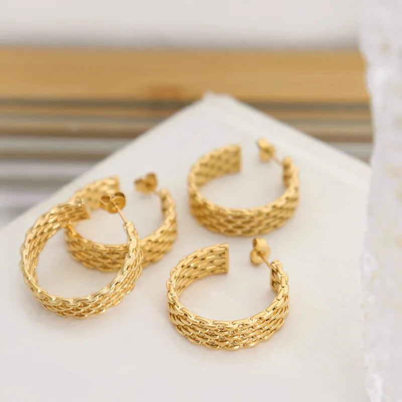 Ins Light Luxury Pvd Gold Plated Stainless Steel Personality C-shape Woven Earrings for Women Pendientes De Acero Inoxidable