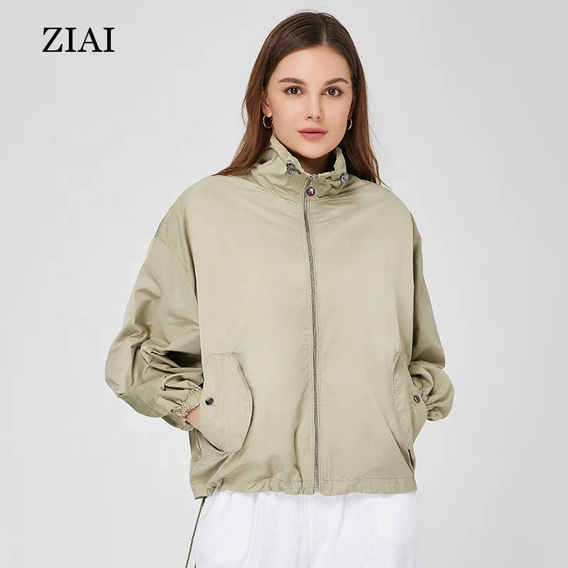 Women Lightweight Drop Shoulder Stand Collar Jackets Pack Able Outdoor Windbreaker Coat