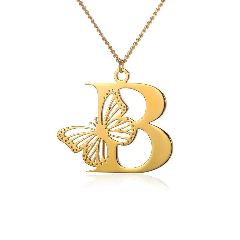 18K Gold Plated Stainless Steel Butterfly Letter Pendant Necklace for Women Classic 26 Alphabet Necklace for Parties and Gifts