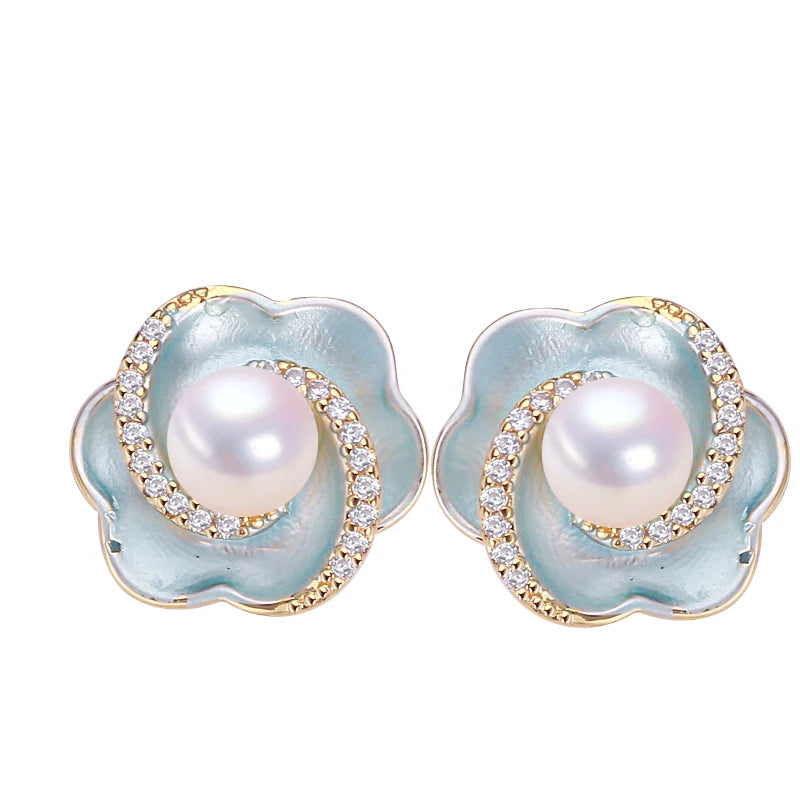S925 Silver Needle Spiral Flower Design Pearl Jewelry Natural  Freshwater Pearl Stud Earrings