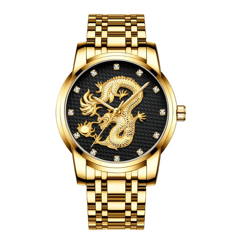 New Men's Steel Watch China Wind Dragon Design Large 41mm Dial Waterproof Quartz Watch Alloy Case Glass Dial Fashion Style