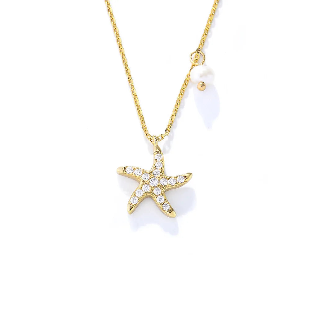 Laodun Trendy Fashion S925 Necklace Pendant Creative Starfish Design Simple Pearl Sterling Silver Zircon Necklace