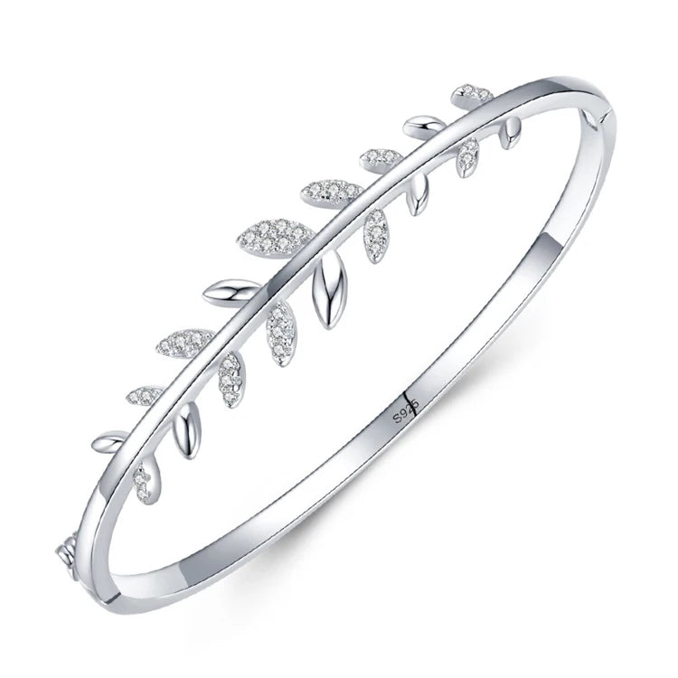 Stylish Olive Leaf Branch 925 Sterling Silver Simple CZ Diamond Women Girls Bangle