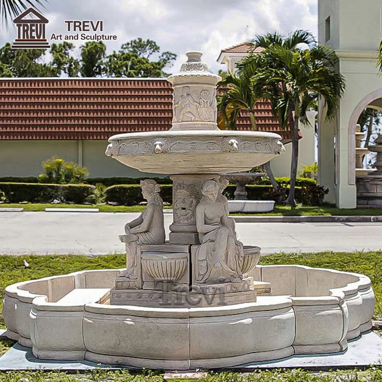 Villa Hand Carved Stone Marble Human Sculpture Fountain with Sitting Lady Statue