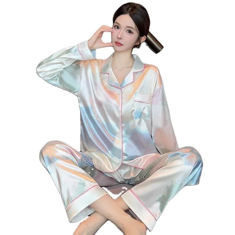 Luxury and Elegant Satin Long Sleeve Women's Sleepwear Chic Floral Print Home Wear