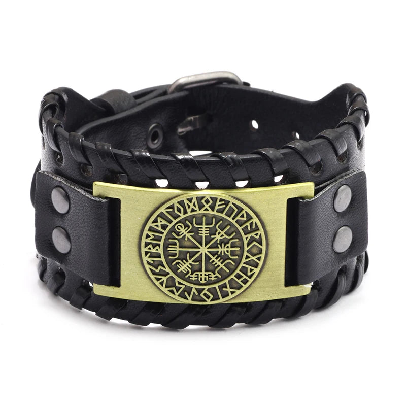 Hot Sale Nordic Jewelry Genuine Leather Metal Wide Symbol Embossed Compass Viking Bracelet for Men