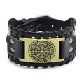 Hot Sale Nordic Jewelry Genuine Leather Metal Wide Symbol Embossed Compass Viking Bracelet for Men