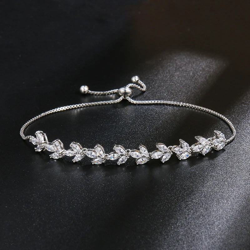 Adjustable Wedding Bracelets for Women Marquise Leaf Cubic Zirconia CZ Zircon Crystal Trendy for Brides Bridesmaids Prom Jewelry