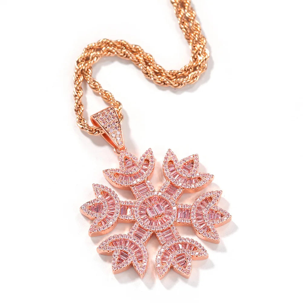 Unisex Hip Hop Diamond Pendant Necklace Pink Flower Snowflake Obsidian Chic Mainly for Men Women Featuring Brass Zircon Children