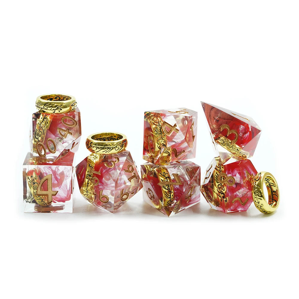 Transparent Resin Polyhedral Dice Set DND Style Rainbow-Colored with Ring Inside Various Sizes and Different Red Dice