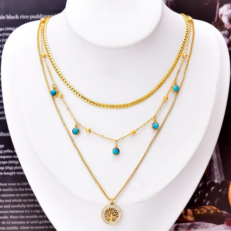 Newest 18K Gold Plated Zircon Heart Lock Pendant Necklace Stainless Steel Three Layer Snake Chain Multilayer Hollow Tree Gift