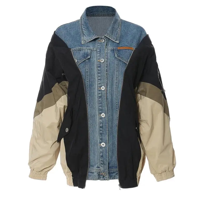 New Unique Stylish Stitching Contrast Color Patchwork Loose Baseball Uniform Winter Denim Women Jackets