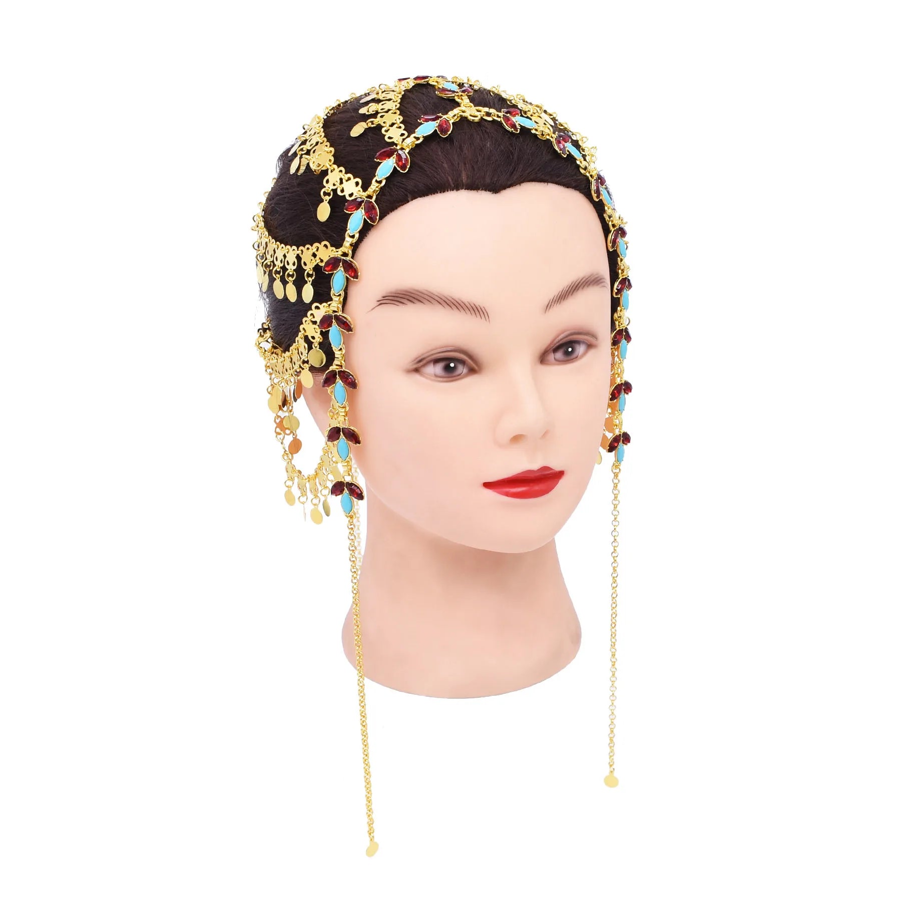 Gold Plated Acrylic Rhinestone Leaves Chain Tassel Women Hairband Jewelry Wedding Ethnic Statement Hairwear