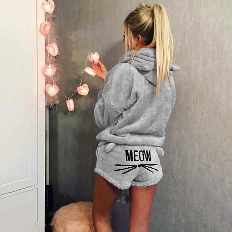 Fall European and American Women's Wear Cat Embroidered  Flannel Pajama Hooded Casual 2 Pcs Set