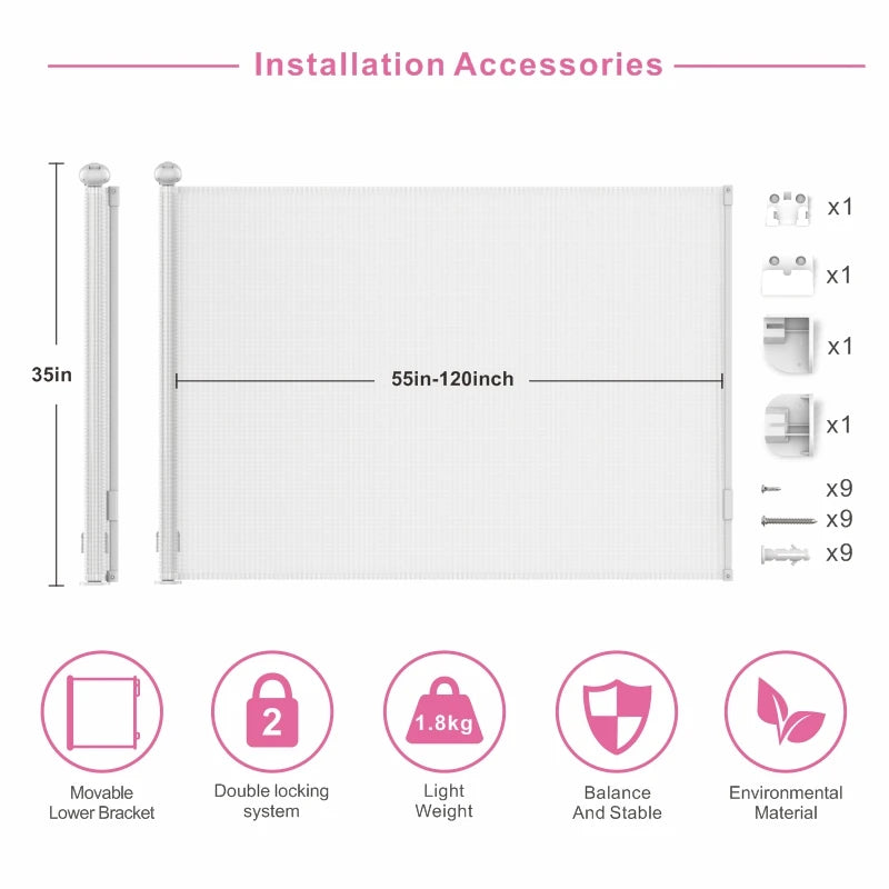 Factory Direct 35in Height 55-120in Width Adjustable Double Lock Easy Install Retractable Baby Gate for Toddlers and Dogs
