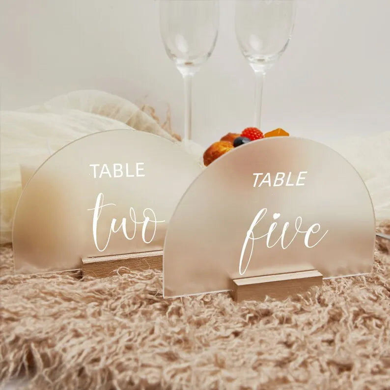 Semicircle Shape Frosted clear Acrylic Table Numbers With Wood Stand for Wedding Reception Party Table Decor