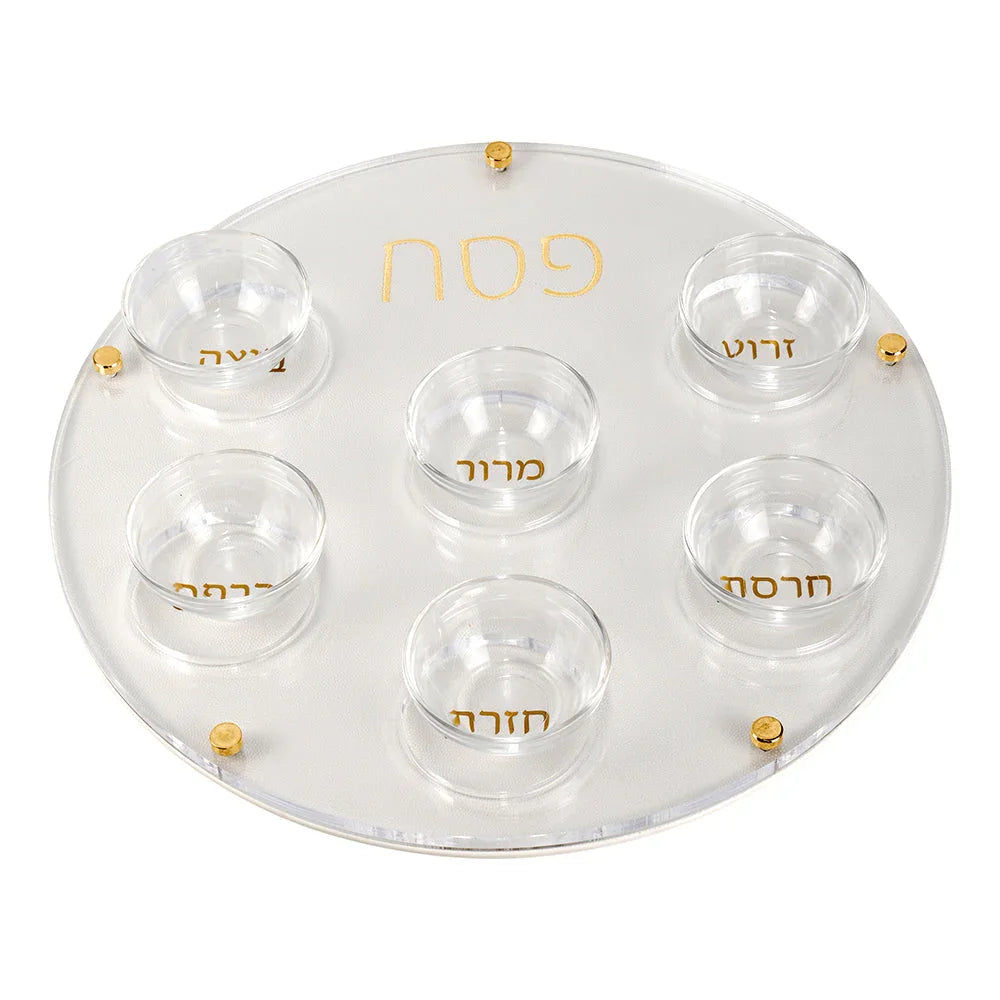 Judaica Passover Pesach Gift Magnificent 6 Glass Cups Gold Embroidery Leatherette Backing Lucite Seder Plate
