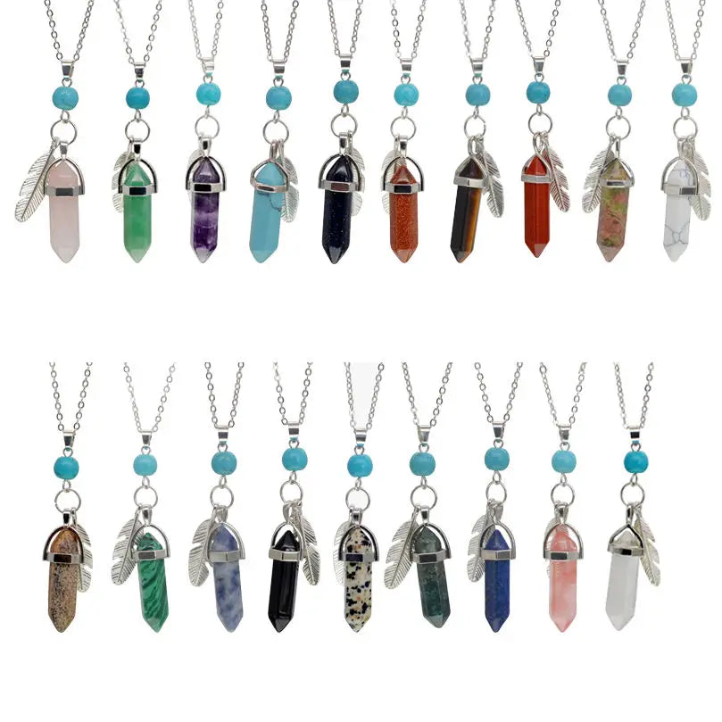 Hexagonal Column Feather Necklace for Women Silver Feather Pendant with Crystal Gemstone Necklace for Jewelry Making