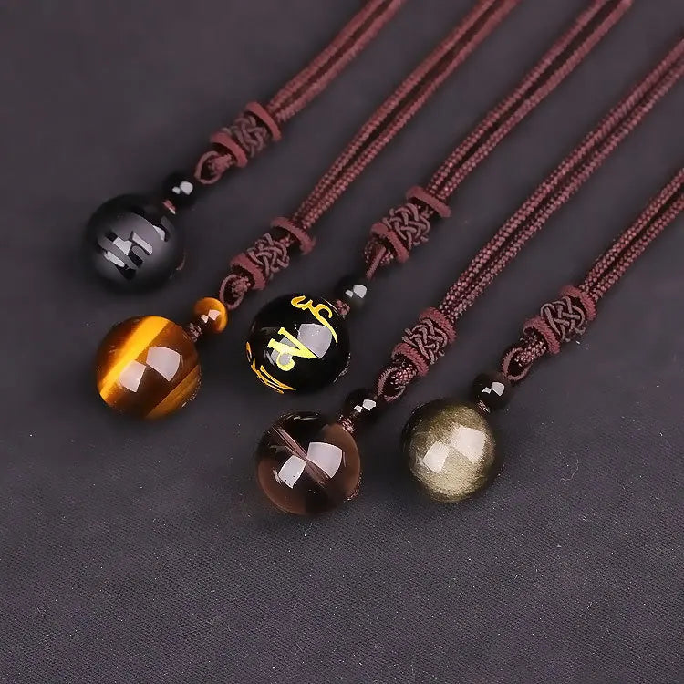 14MM 16MM Natural Tiger Eye Obsidian Pendant Necklace Lucky Blessing Protection Beads Necklace for Women Men