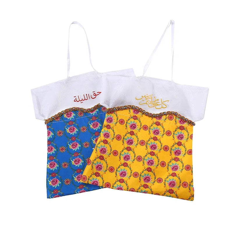 Happy Ramadan Mubarak Flower Kids Tote Bag Middle East Birthday Party Drawstring Gift Bag Yellow Ramadan Printed Storage Bag