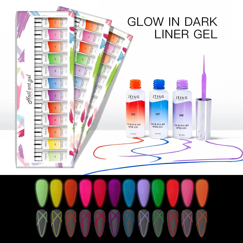 JTING Free Sample Design Luminous Drawing Gel Liner Nail Art Glow in the Dark 12 Colors Kit OEM Liner Gel Polish Custom Brand