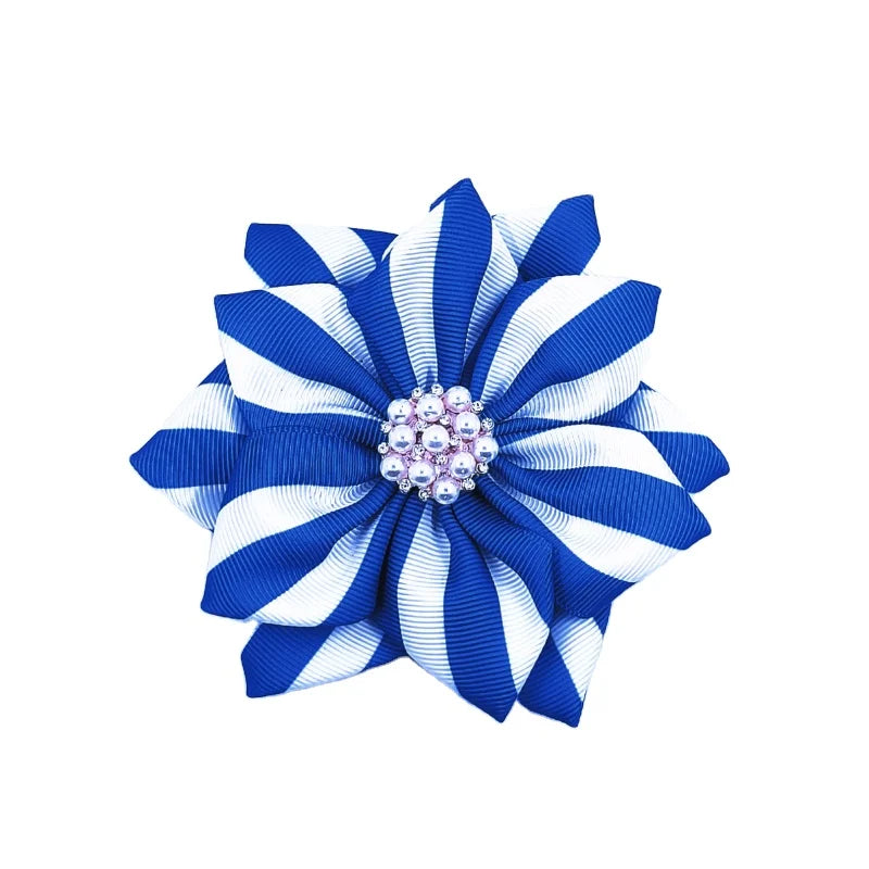 Beautiful Custom Kimmy Blue White Polyester Grosgrain Ribbon Crystal Rhinestone Flower Brooch Pin Pearl Center Accent Striped