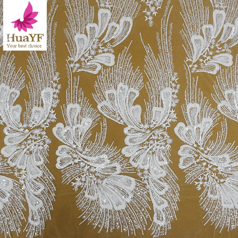 New Arrival Fashion White Tulle Bridal Lace With Sequins and Beads French Women Wedding Fabrics HY2098-4