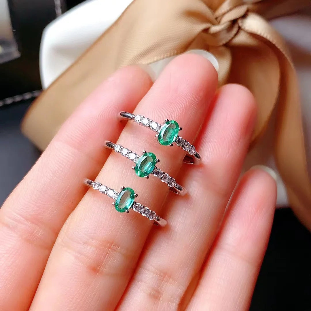 Good Price Fashion Eternity 925 Sterling Silver 3m*5mm Oval Cut Natural Emerald Star Jewelry Rings