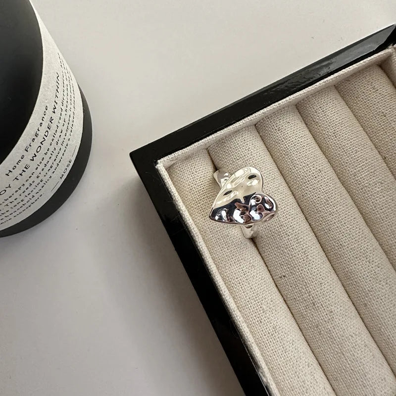 Geometric Simple  Hammered  Heart Open Rings for Women  925 Sterling Silver Fine Jewelry