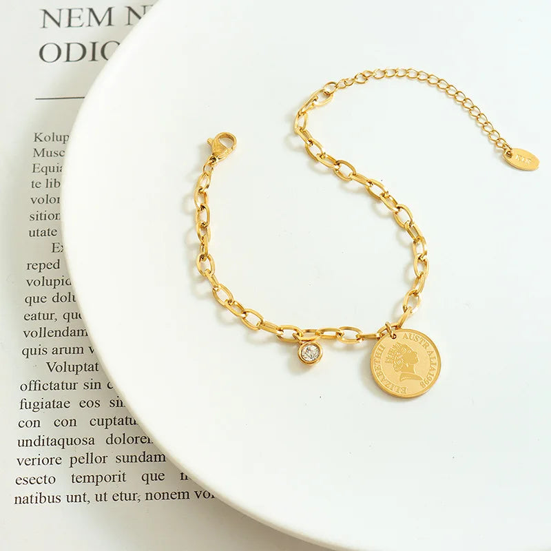 Western Style Women's Bracelets Gold Round Designer Charms Chain Stainless Steel Charm Bracelet Pulsera De Acero Inoxidable