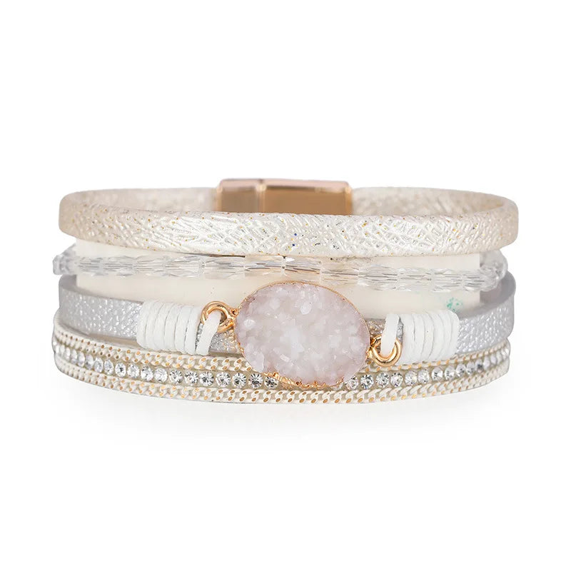 Fashion Vintage Multilayer Braided Pu Leather Rope Resin Druzy Charm Boho Bangles Gold Plated Men's Magnetic Snaps Set