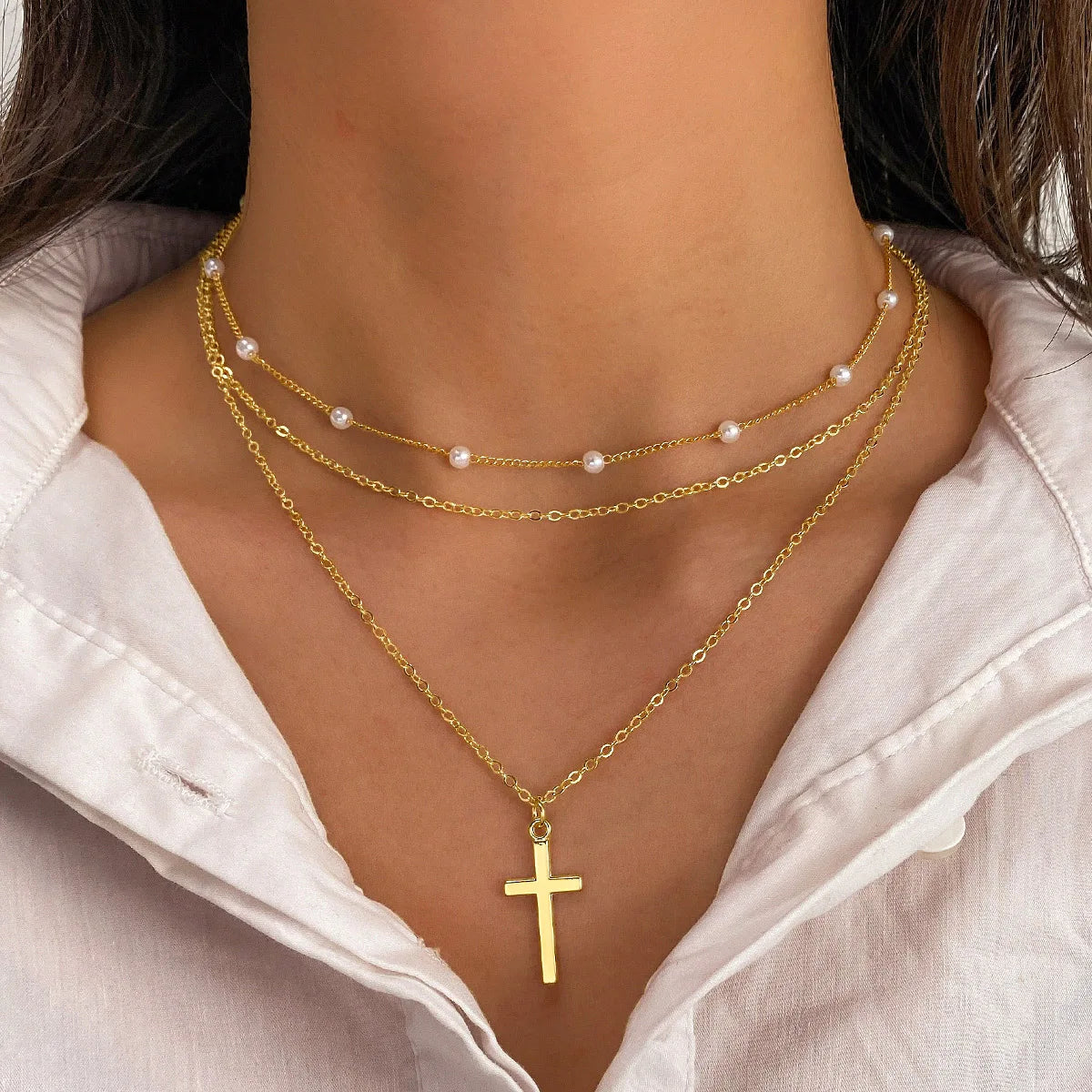Fashion Pearl Cross Pendant Multilayer Necklace for Women Jewelry