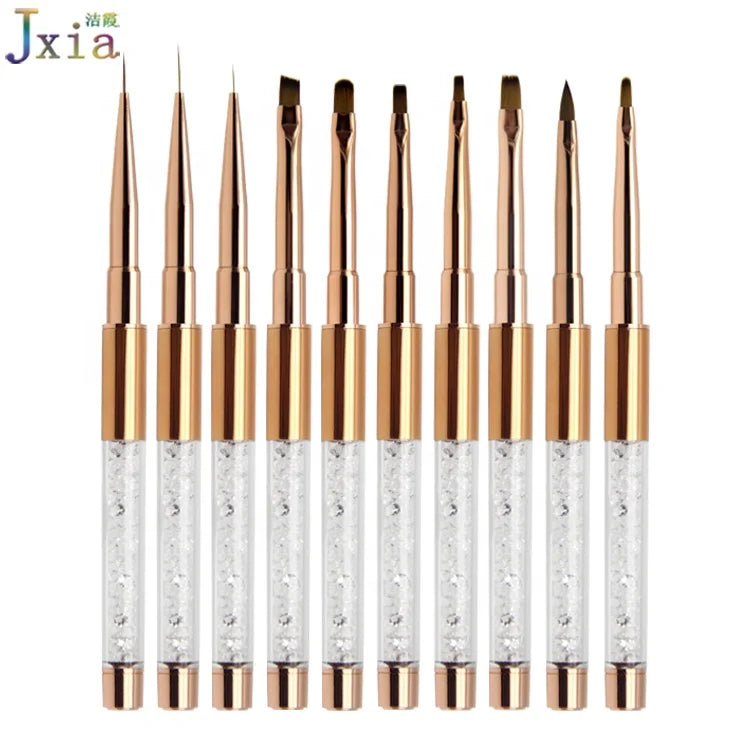 Private Label Rose Gold Metal Handle Clear Rhinestones Design Gel Painting Nail Art Brush Set