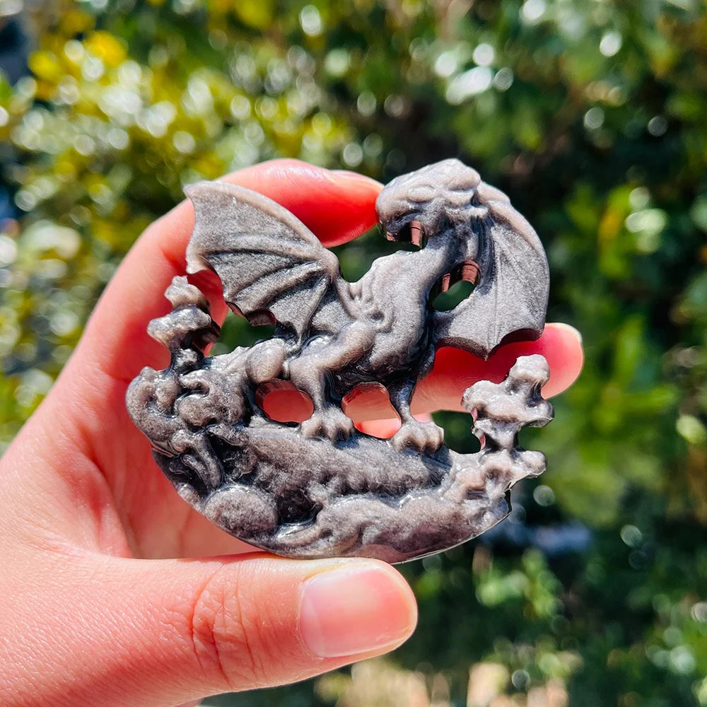 New Arrival Special Natural Healing Crystal Exquisite Crystal Crafts Silver Obsidian Flying Dragon Carvings for Decoration