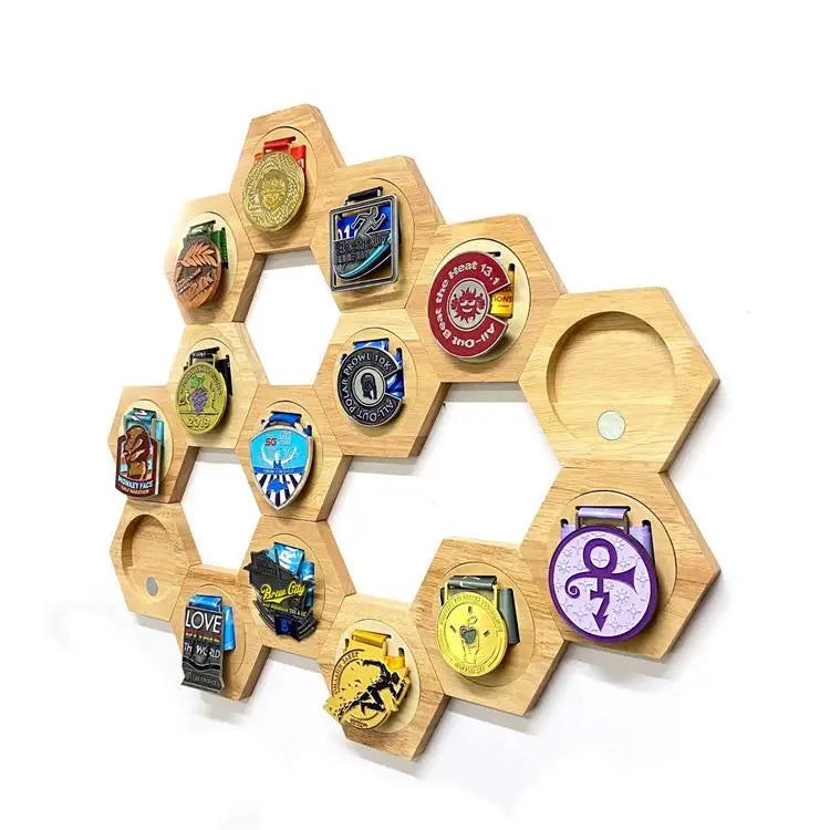 Honeycomb Combination Medal Display Rack Hexagonal Wooden Medal Hanger Wall Mounted Medal Storage Decoration