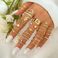 24pcs/set Gold Plated  Bohemian Heart Hollowed Flower Ring Set for Women Pearl Beaded Geometric Fashion Jewelry Rings Party Gift